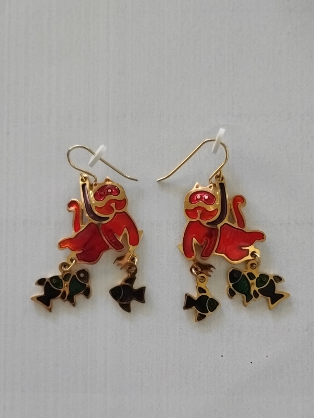 Gold-Tone Red Cat Dangle Earrings with Fish Charms - Women Jewelry NWOT